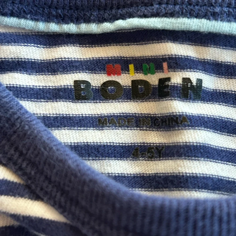 Mini Boden Navy & White Striped Long Sleeve Top with Red Strawberry Pockets